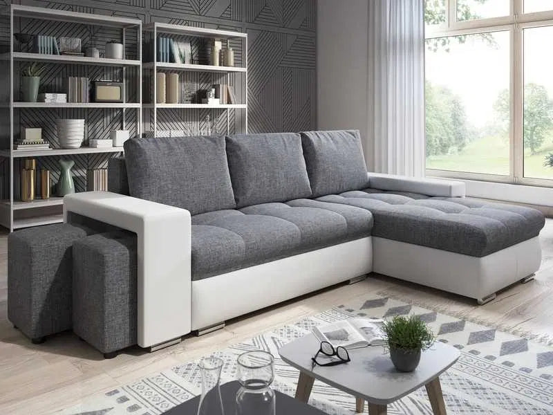 Narożnik SIMON biało-szary z pufami, funkcja spania, schowek, odwracany