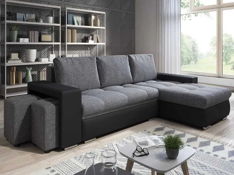 Narożnik SIMON czarno-szary z pufami, funkcja spania, schowek, zamienny