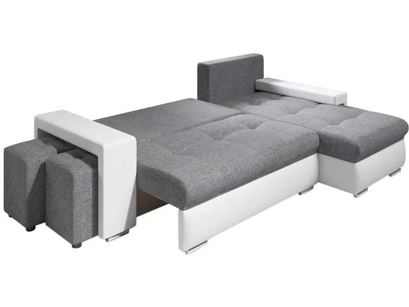 Narożnik SIMON biało-szary z pufami, funkcja spania, schowek, odwracany
